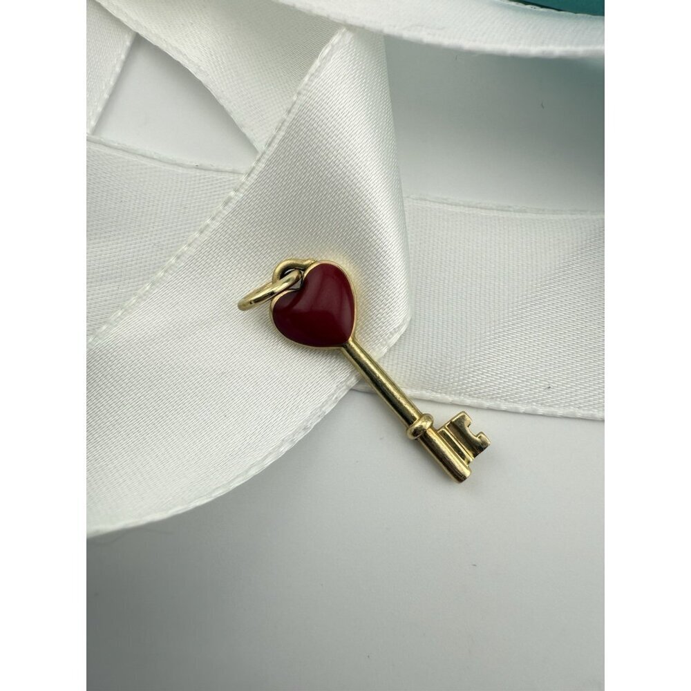 Tiffany & Co. 18k Red Enamel Mini Heart Key Charm Pendant in Yellow Gold
